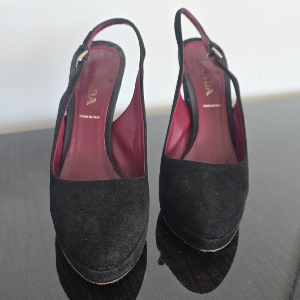 Prada Black Slingback Heels with Red Interior